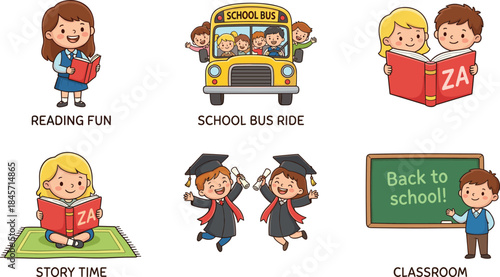 School activities for kids, reading, bus ride, classroom, graduation, story time, cartoon style, flat vector illustration, education, fun