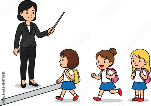 Teacher guiding students with backpacks, school uniforms, educational scene, cartoon style, flat vector illustration, learning, classroom, kids