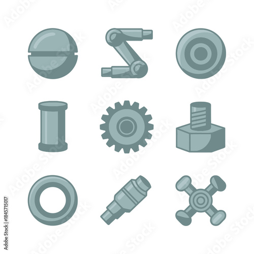 Mechanical engineering components icon collection with gears bearings bolts joints industrial machinery parts flat vector illustration set