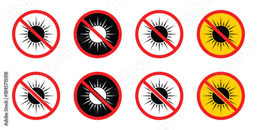 No sun icon vector set. Design in trendy style. A prohibition sign for sun protection and uv safety a warning to avoid direct sunlight and stay in the shade for health.