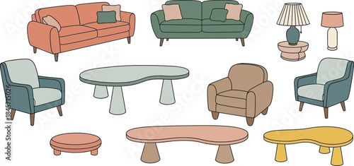 Minimalist cad furniture set sofas armchairs coffee tables lamps ottoman benches vector graphics for architectural design projects isolated on transparent background