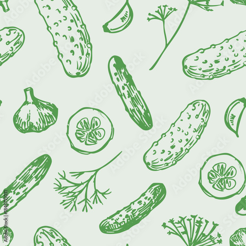 Pickles, cucumbers i, seamless pattern, hand drawn sketch, realistic vector illustration