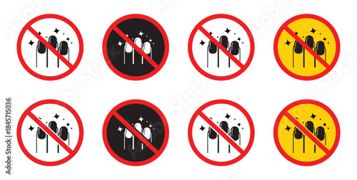 No nail sign. Nail not allowed. Isolated prohibition sign indicating 'do not long nails,' representing a ban on growing long nails in certain areas. No long finger nails icon. Vector illustration.