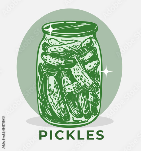 Pickles, cucumbers in a jar, hand drawn sketch, realistic vector illustration