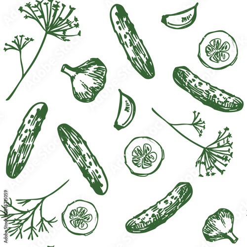 Pickles, cucumbers i, seamless pattern, hand drawn sketch, realistic vector illustration