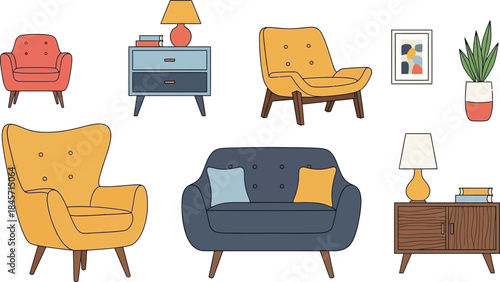 Minimalist mid century modern furniture cad blocks armchairs sofas side tables lamps art plants isolated on transparent background