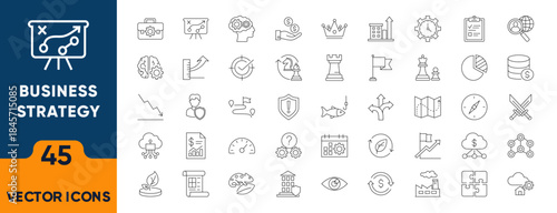 Business Strategy line icons. Features icons of planning, roadmap, metrics, organisation, entrepreneur, Clint, idea and company. Perfect for presentations, reports and infographics.