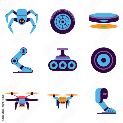 Advanced robotics and drone technology illustration set featuring robotic arms wheels sensors aerial devices flat vector design