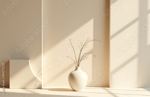room bathes soft overhead light elegantly simple vase stands centered monochromatic beige backdrop flanked