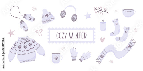 Cute winter illustration set with cozy knitted clothing, warm accessories, mugs, snowflakes and soft pastel elements. Gentle minimalist style creates a warm seasonal mood ideal for cards