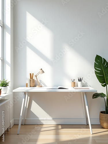 modern home office setup features sleek white desk clean white wall surrounded neatly arranged office supplies stationery