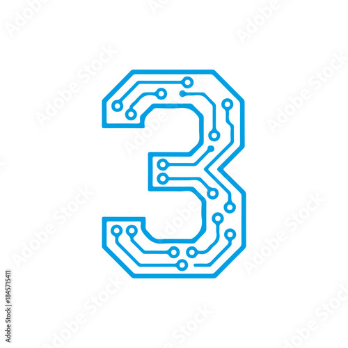 A vector icon of the number '3' designed with blue electronic circuit board lines, symbolizing digital processing, data, and modern computing concepts. PNG, JPG, and editable EPS formats included.