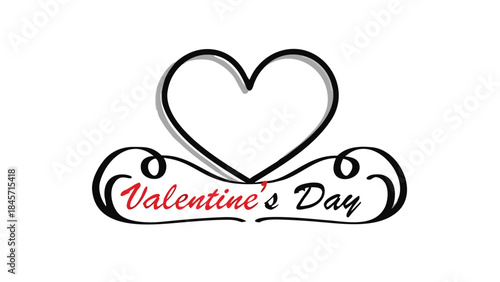 Elegant single shiny heart shape with valentine's day text in red and black on white background for love and romance