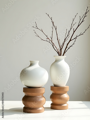 minimalist space features two delicate white ceramic vases perched atop intricately carved fluted wooden pedestals surrounded wispy dried