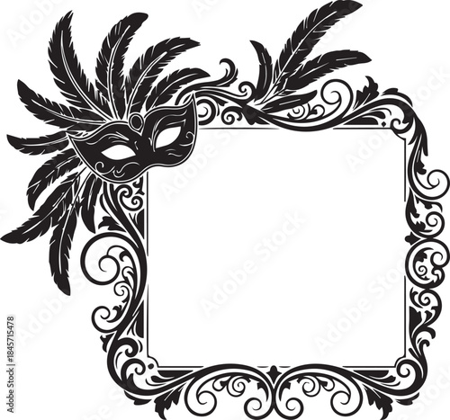Ornate black masquerade mask and feather border frame