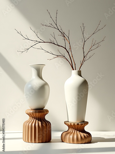 minimalist space features two delicate white ceramic vases perched atop intricately carved fluted wooden pedestals surrounded wispy dried