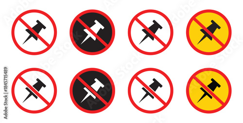 No push pins allowed icon. Red prohibition. prohibited push pin symbol isolated vector illustration red circle no thumbtack sign restriction warning.