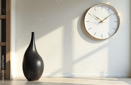 minimalist living room features sleek black sculpture foreground subtle white clock wall shot