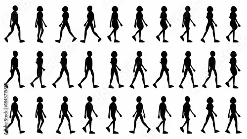 Set of walking human silhouettes in various poses and directions
