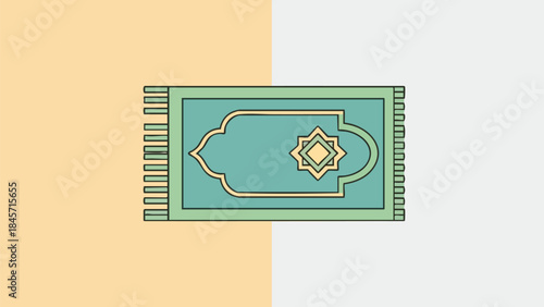 A teal and gold patterned rug on a beige and white background with a star design.