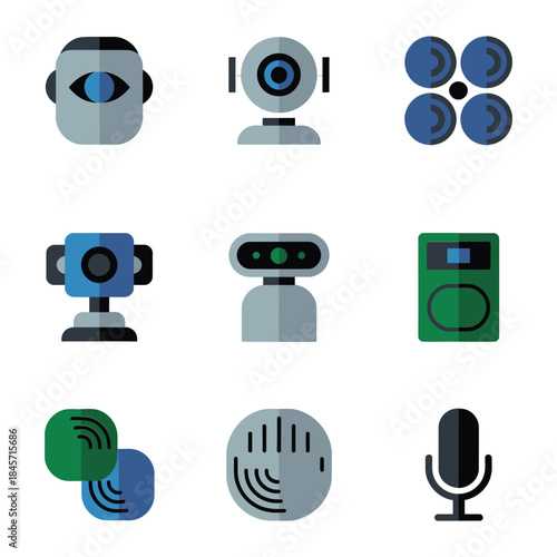 Intelligent camera and voice assistant technology illustration set featuring smart speakers vision sensors microphones flat vector design