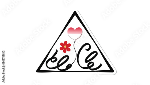 A small pink triangle with one floating red heart symbol and elegant cursive script on white background for love and affection themed designs