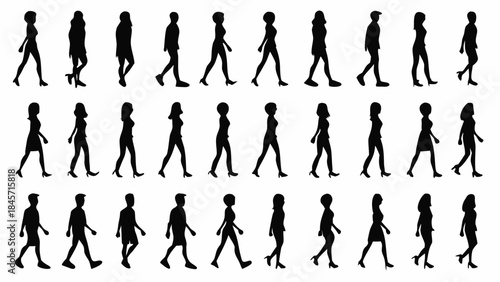 Collection of diverse people walking in various poses and outfits