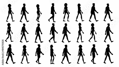 Collection of diverse human silhouettes walking in various poses