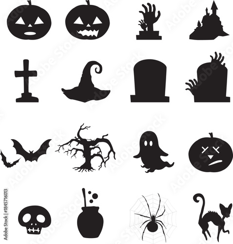 Halloween Icons Silhouette Collection on White Background