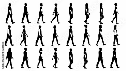 Collection of diverse people walking in various poses and outfits