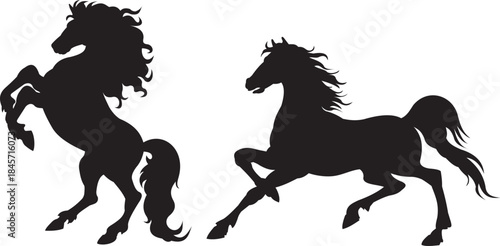 Two black horse silhouettes rearing and galloping