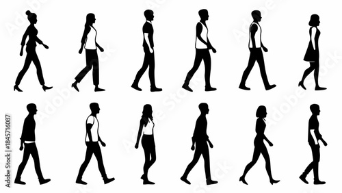 Collection of diverse people walking in various casual outfits