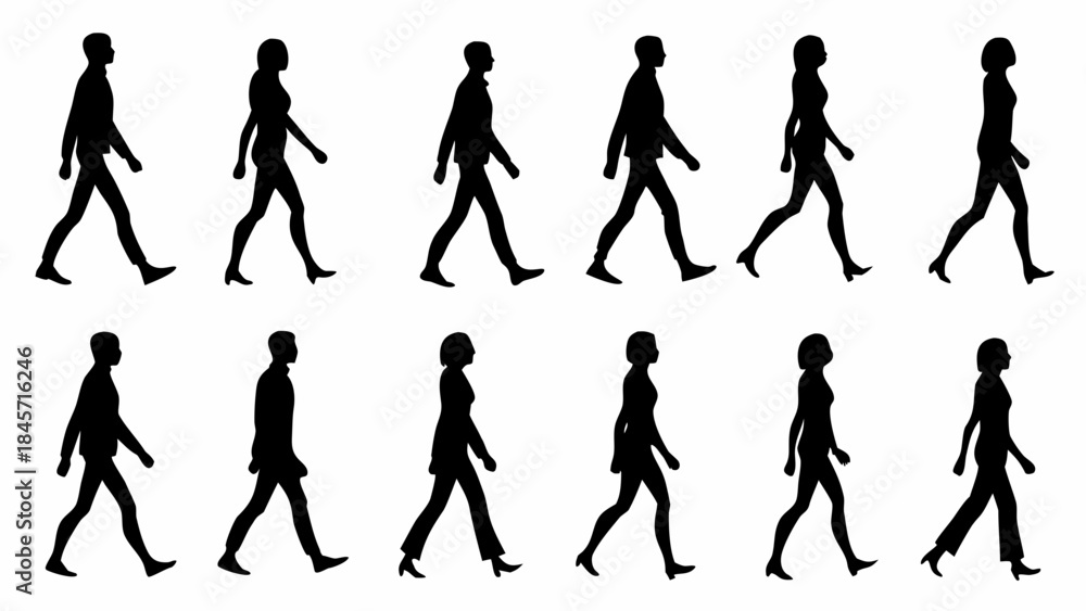 Obraz premium Silhouettes of people walking in various business attire