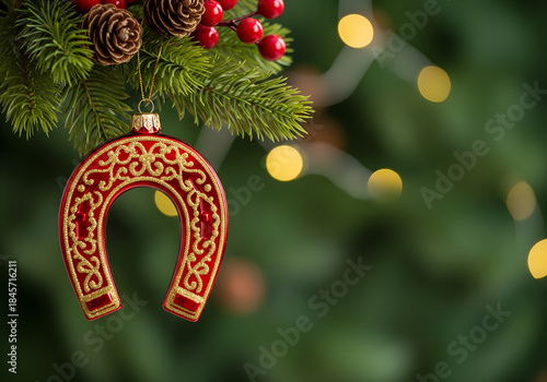 Red horseshoe with gold pattern are made into a pendant for a Christmas tree on a green baceh background.	
