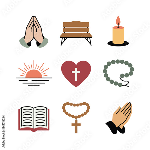 Prayer and devotion icon set with hands candle bench rosary bible heart spiritual worship flat vector illustration
