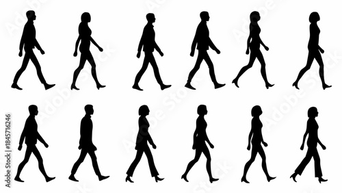 Silhouettes of people walking in various business attire