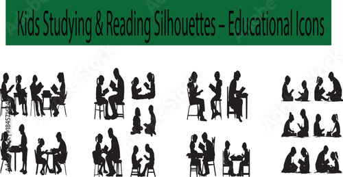  Kids Silhouettes – Studying & Reading Educational Icons