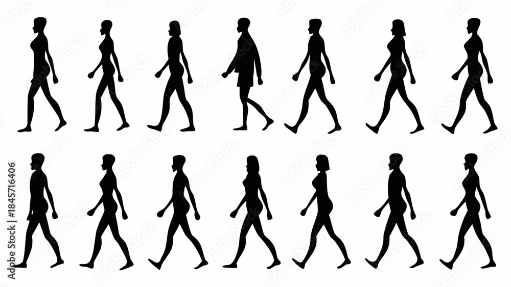 Fototapeta premium Collection of diverse people walking in various poses and styles