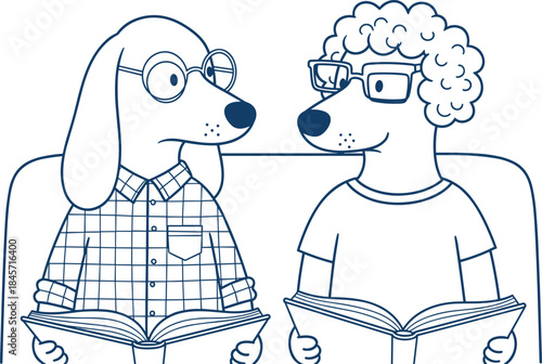 Cute cartoon illustration of two anthropomorphic dogs reading books on a couch, symbolizing education, learning, friendship, study habits, and cozy lifestyle