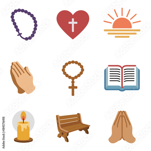 Christian devotion icon set with rosary heart sunrise prayer hands bible candle spiritual belief flat vector illustration