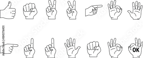 Minimalist line art collection of diverse hand gestures showing signs, symbols, communication actions, expressive poses, and simple vector illustration set
