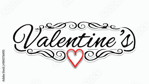 Sophisticated 3d red heart under calligraphic valentine's day text with elegant black swirls on white background for love and romance