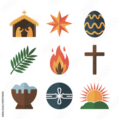 Nativity and Christian celebration illustration collection featuring manger star cross flame palm symbols faith flat vector design