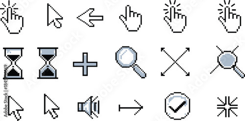 Pixelated GUI icon set, retro cursor and action symbols, vintage interface design, vector illustration, digital navigation elements, software UI graphics