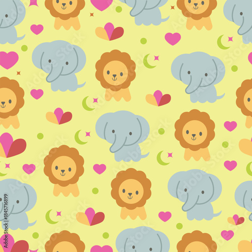 Cute Baby Animal Seamless Pattern with Elephant and Lion for Kids Clothing