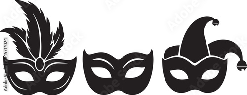 Three black masquerade masks with feathers and jester hat on white background