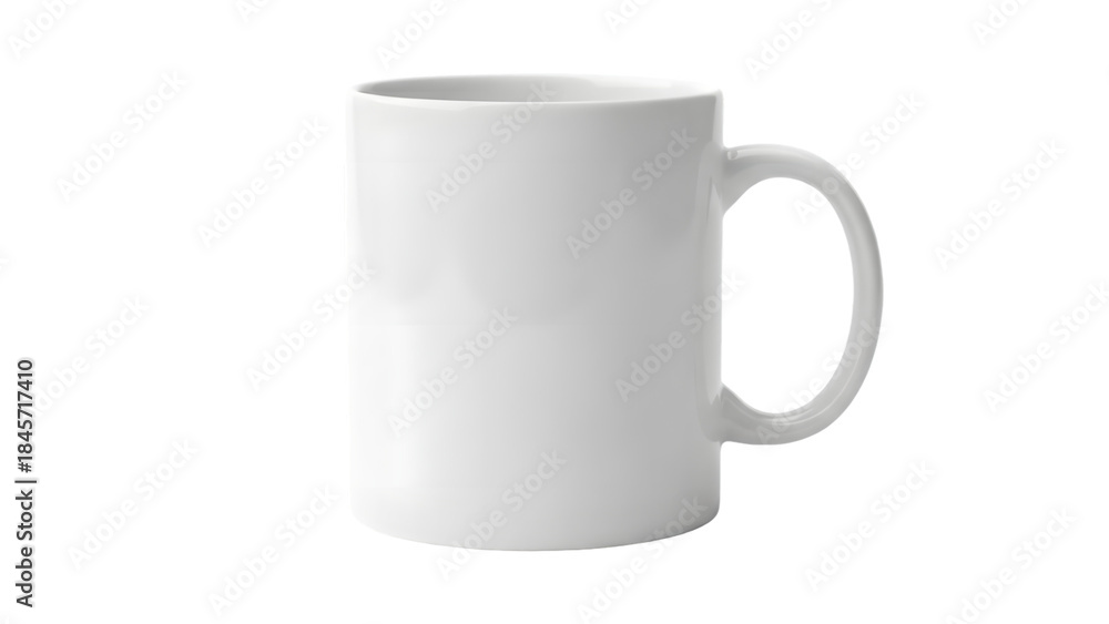 Fototapeta premium White ceramic coffee mug with handle on right side, isolated on plain background