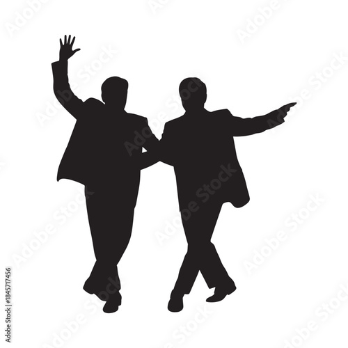 Silhouette of two men in suits celebrating with animated gestures