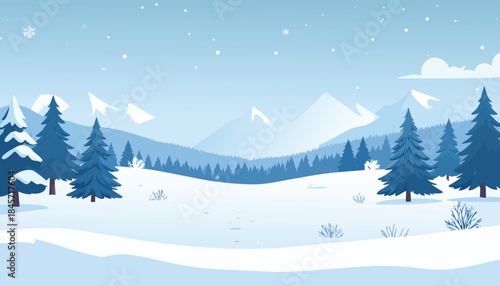 Snowy winter forest landscape vector illustration with pine trees gentle snowfall distant mountains and clear sky peaceful cold season scenery for backgrounds posters and creative designs