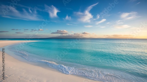 Idyllic beach scenery with turquoise sea and white sand, enhanced by cirrus clouds under a bright blue sky at sunset